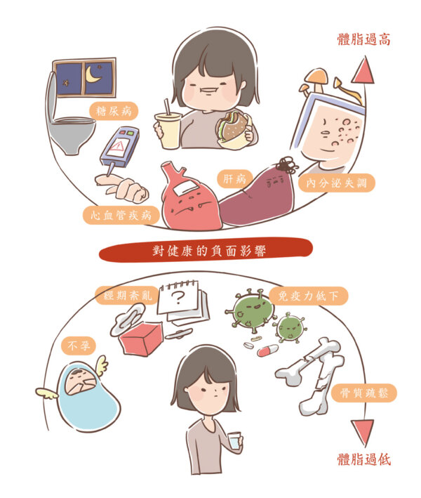體脂肪率過高或過低，都會造成身體健康的負擔